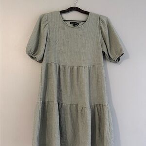 Crystal Doll Sage Tiered Puff-Sleeve Midi Dress